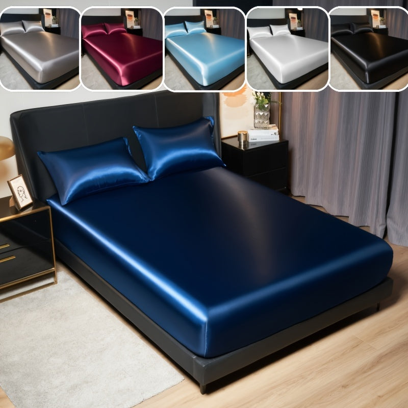 Luxurious Satin-Like Fitted Sheet and Pillowcase Set Solid Color Bed Bedding