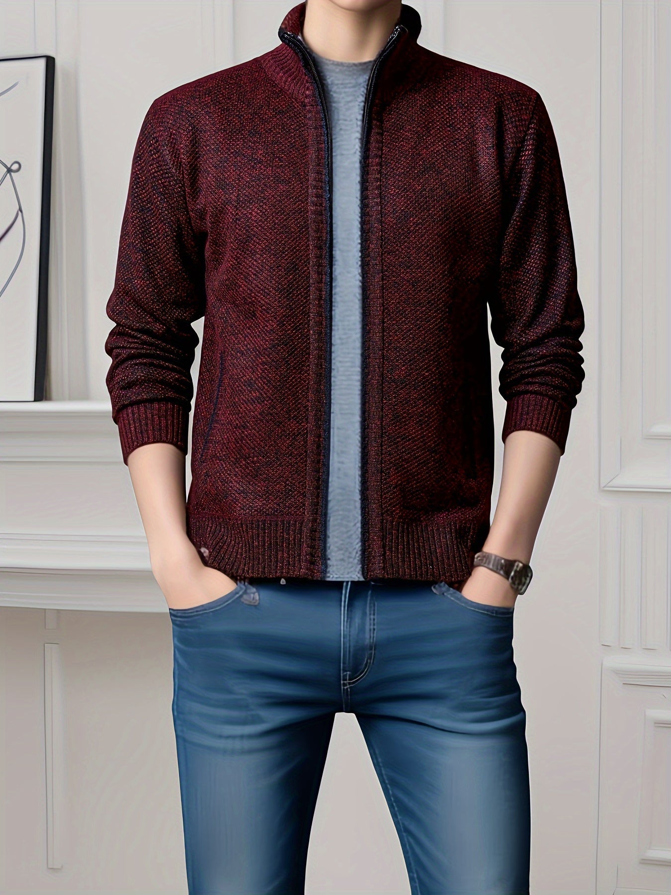 Men's Solid Fleece Cardigan with Pockets Turtle Neck Zip Up Sweater for Winter Fall Outdoor Activities
