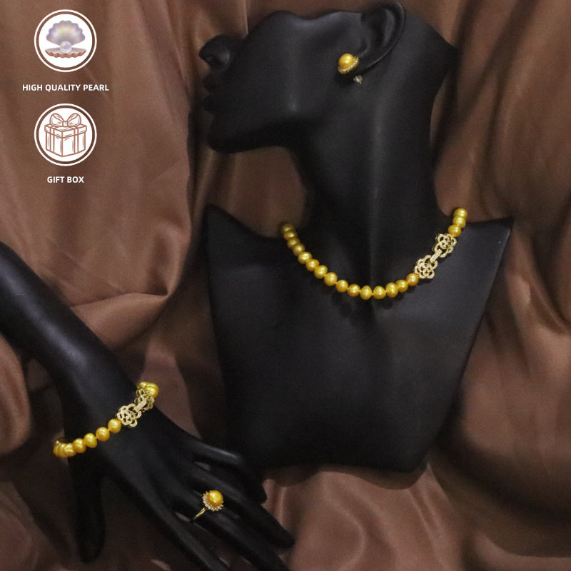 Gold Tone Jewelry Set with Pearl Necklace Bracelet Earrings and Ring