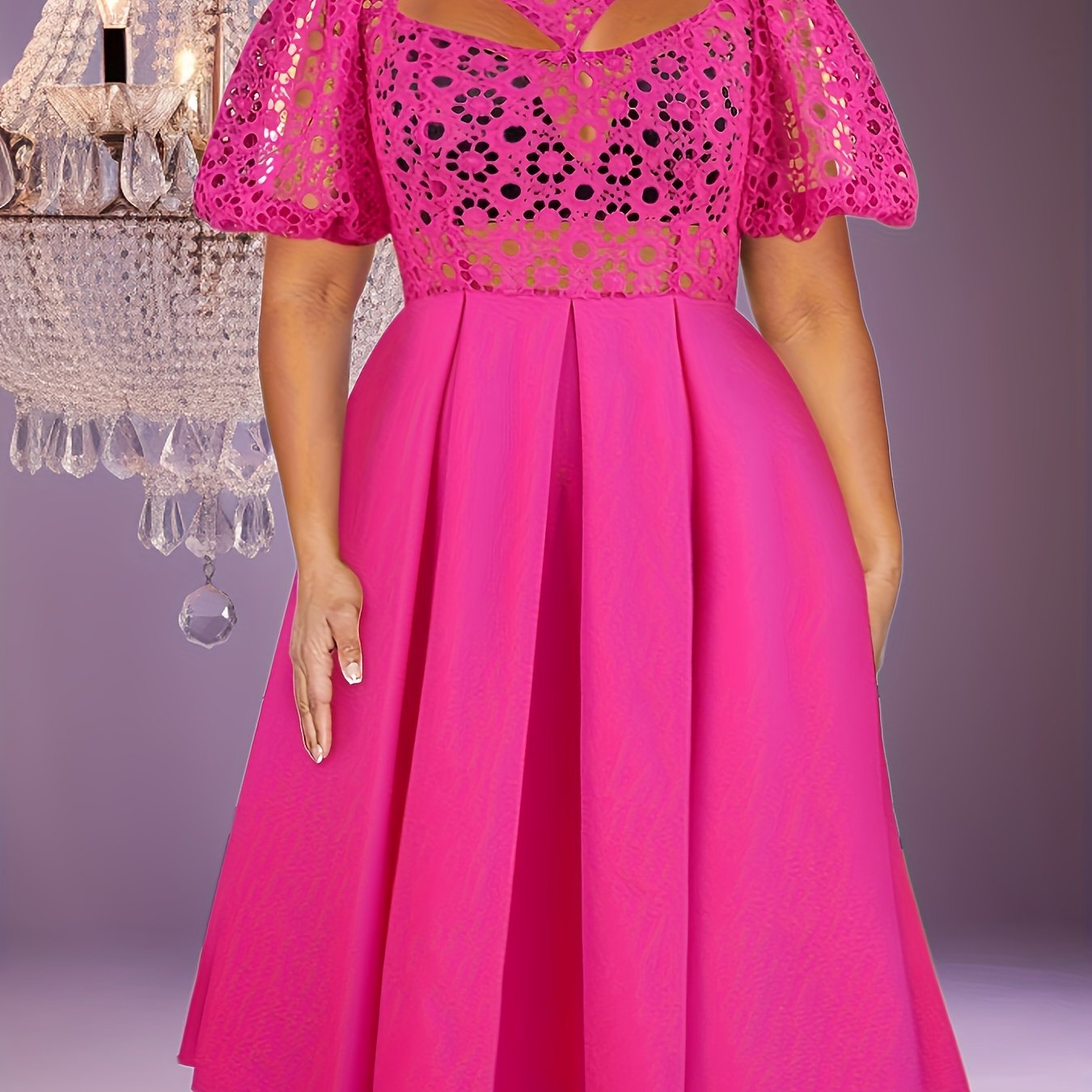 Women's Lace-Trimmed A-Line Midi Dress with Puff Sleeves Spring Green