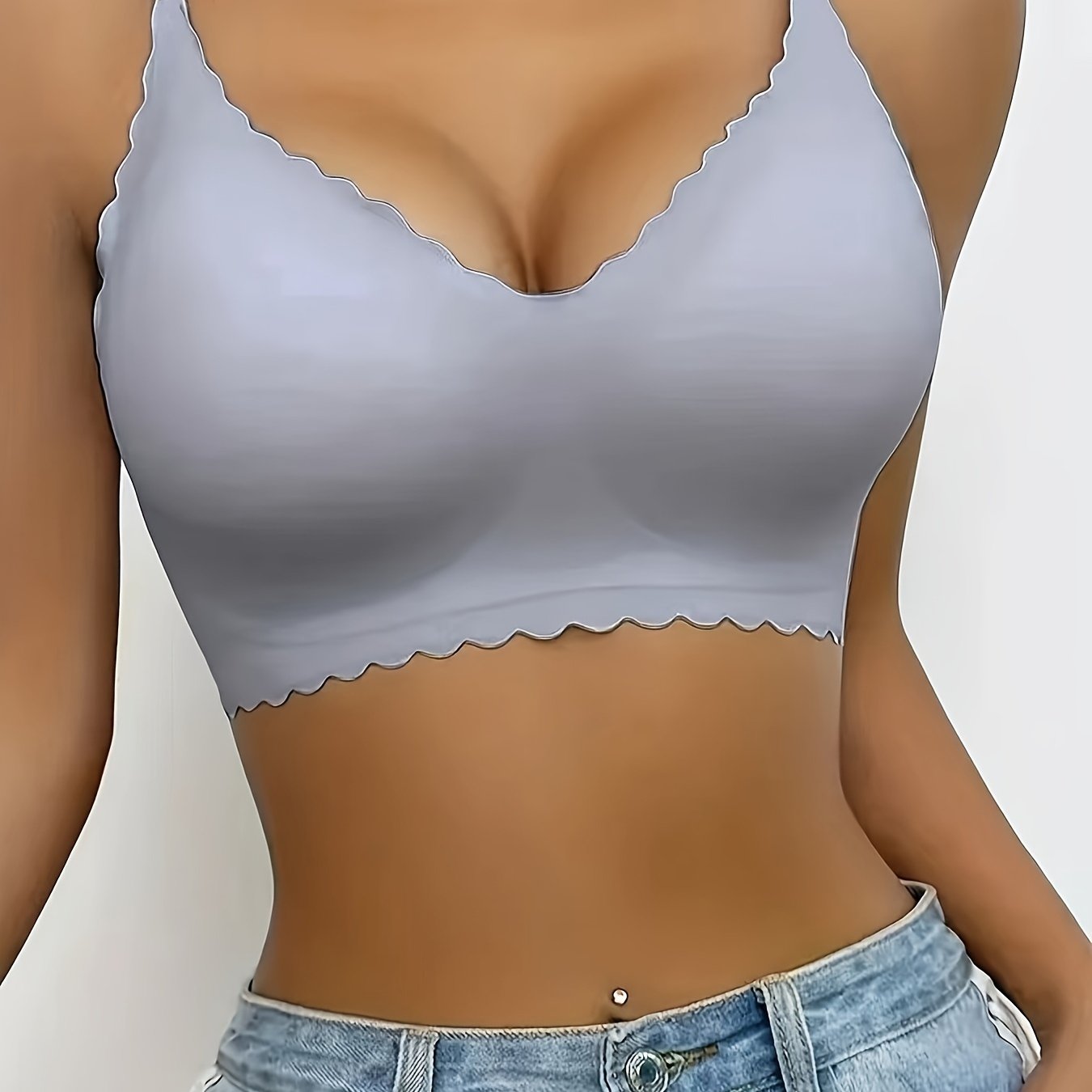 Women's Nylon Sports Bra V-Neck Removable Pads Light Gray Comfortable Supportive