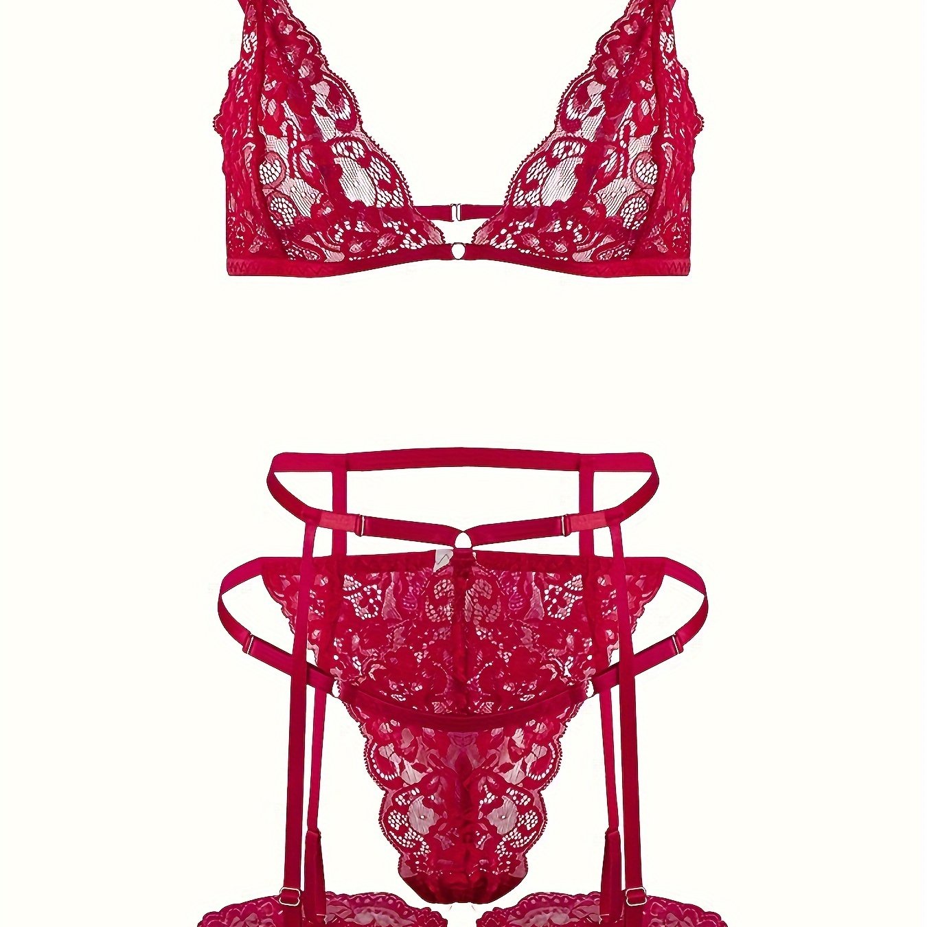 Sexy Lingerie Set with Lace Triangle Cup Bra, Panties, Suspender Socks, and Seduction Ring