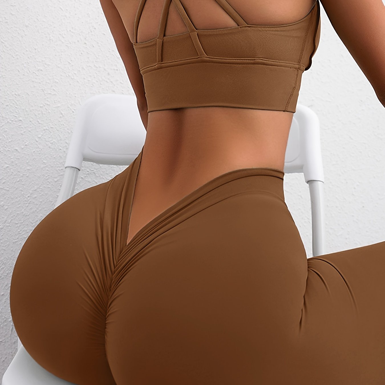 Women's High-Waisted Peach Yoga Pants with Frill Detail, Stretch Knit Fabric