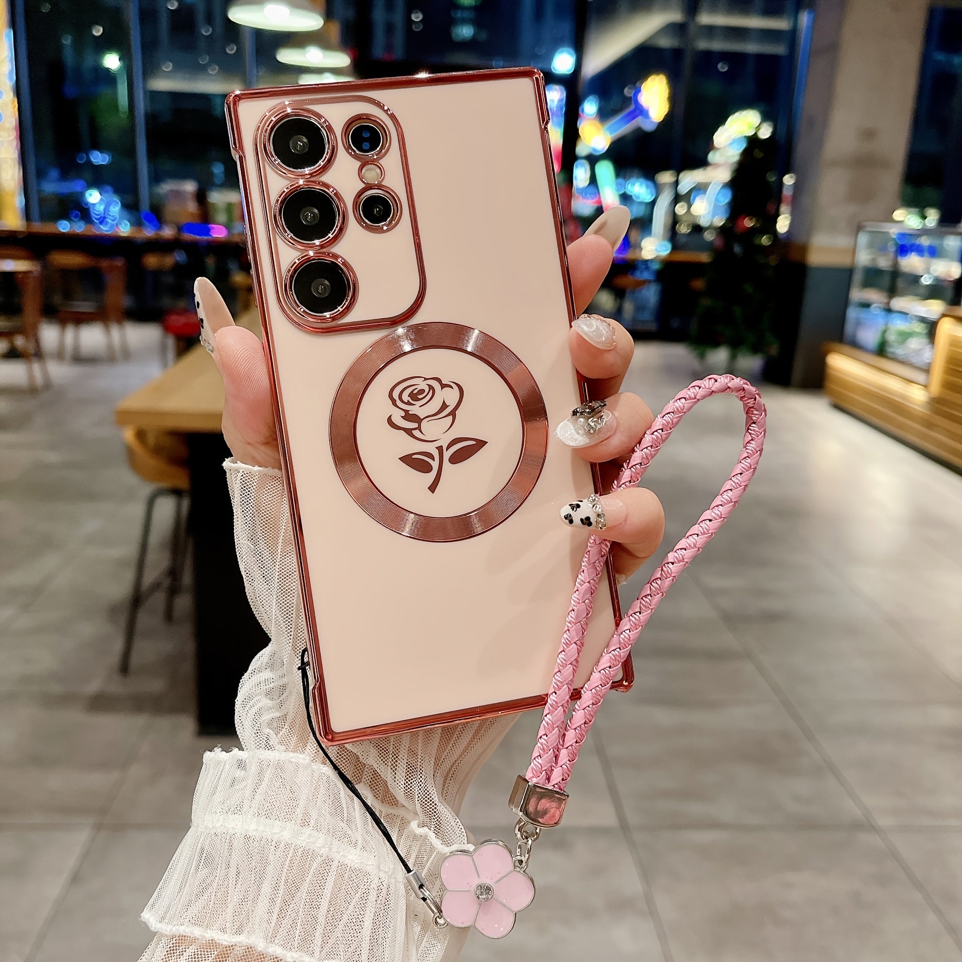 Magnetic Wireless Charging Woven Flower Lanyard Phone Case for Samsung Galaxy S21 S22 S23 S24 Ultra