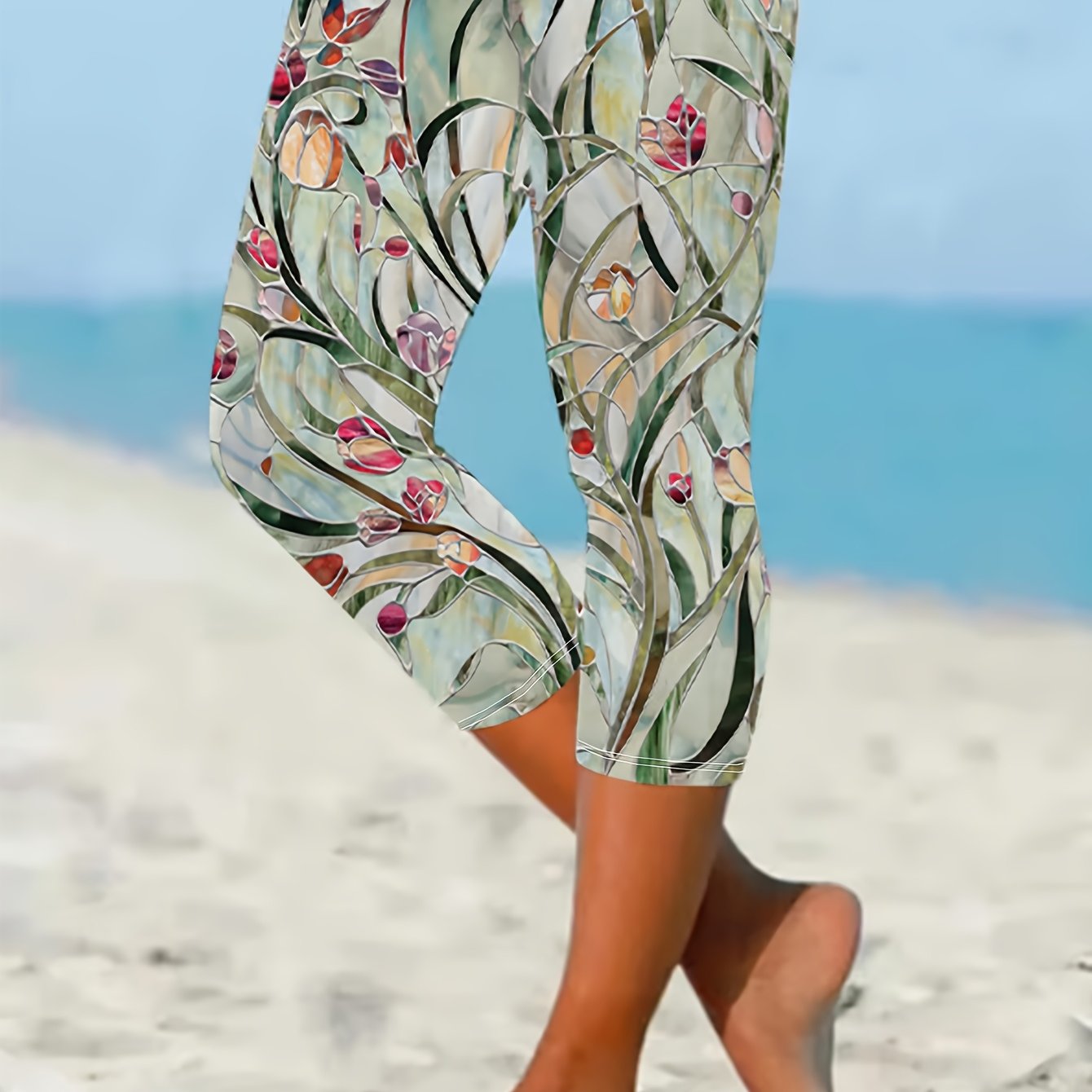 Women's Plus Size Floral Print High-Waisted Capri Leggings Polyester Stretchy Comfortable Summer