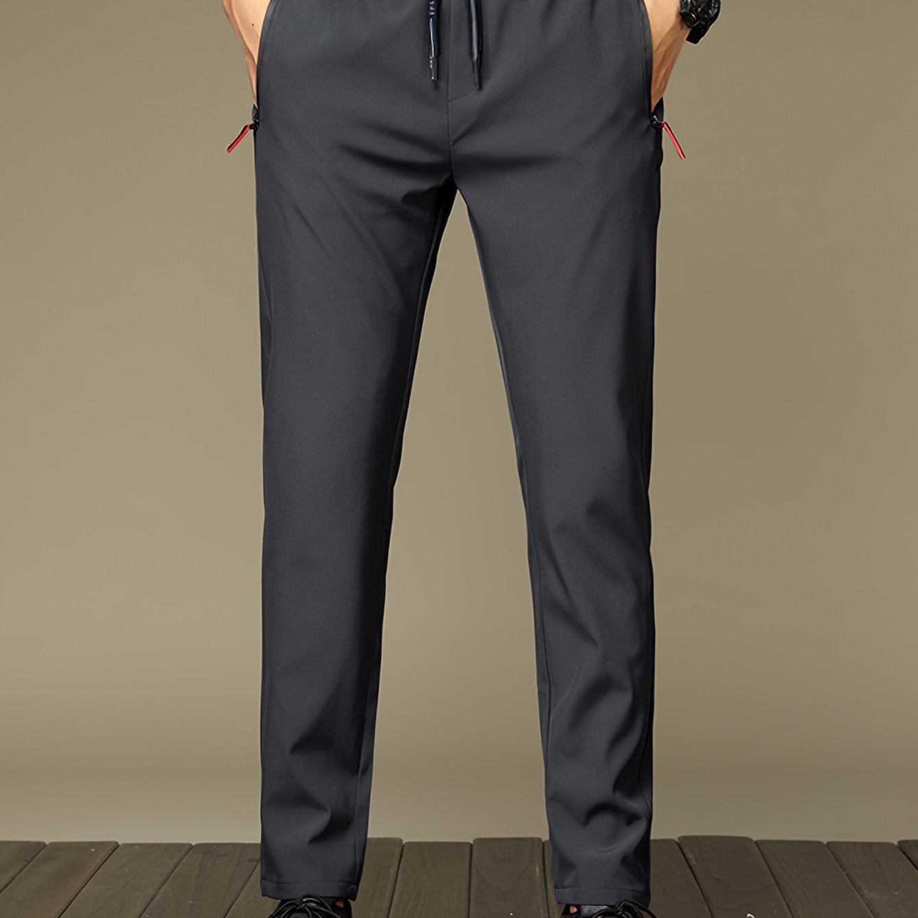 Erkaklar uchun yozgi sport shimlari, zip sumkalar bilan, tasodifiy tortish ipli uzun shimlar, 100% polyesterdan tayyorlangan, oddiy moslashuv, o'rtacha bel, bir xil rang, to'qilgan mato, 110g/m², ochiq havoda foydalanish uchun ideal.