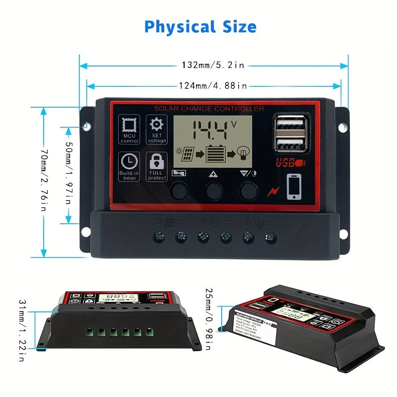 12V/24V солнечный контроллер заряда с ЖК-дисплеем, USB, двойная защита