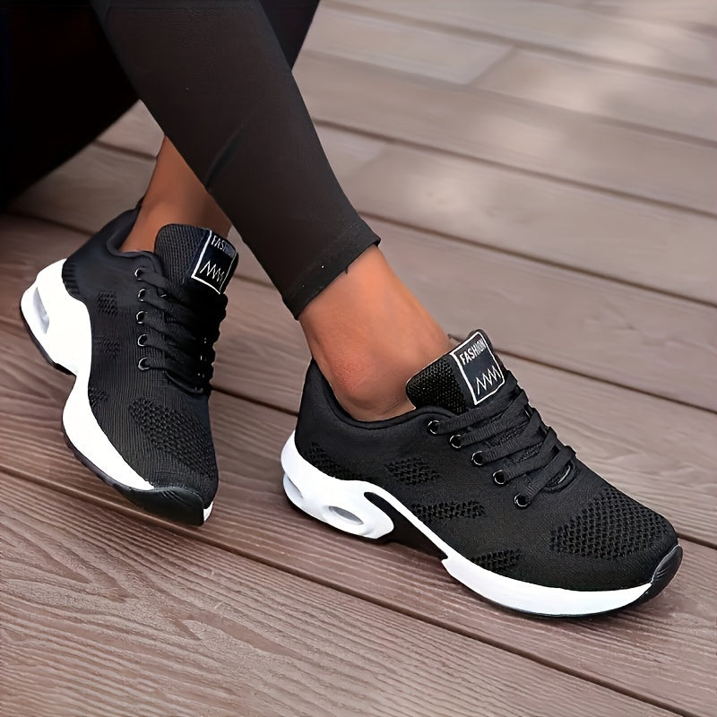 Women's White Breathable Knit Running Shoes with Air Cushion and Shock Absorbing Platform