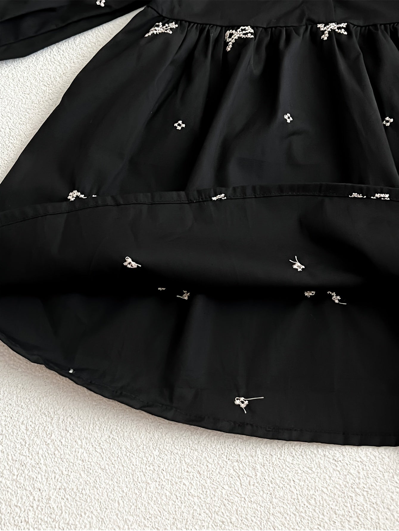 Girls' Navy Blue Cotton Princess Dress with Bow Ruffled Collar and Long Sleeves