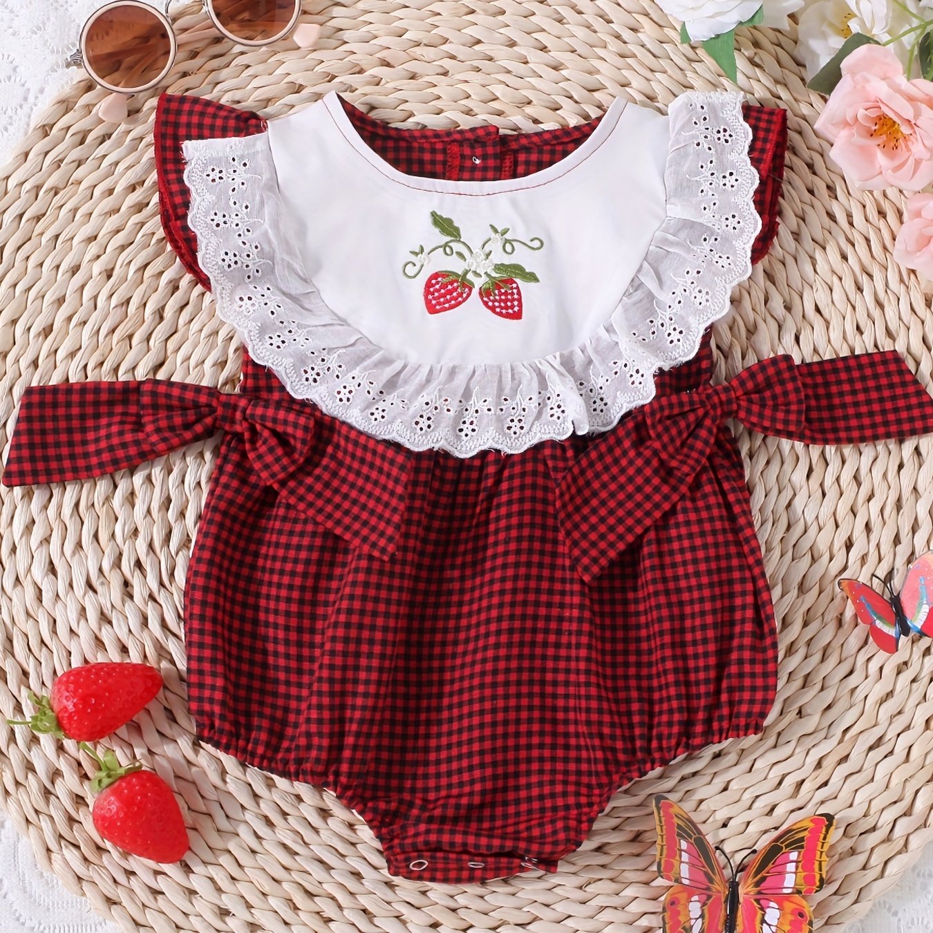 Baby Girls Plaid Onesie with Strawberry Embroidery and Bow Details for Casual Outdoor Wear