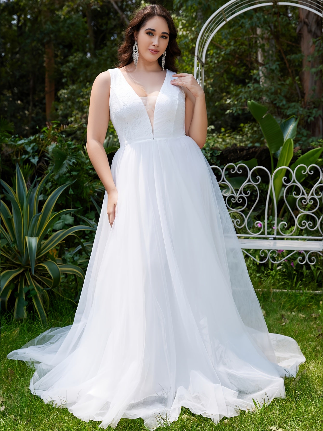 Vestido largo formal de novia y noche con escote en V y panel de encaje para mujer talla grande
