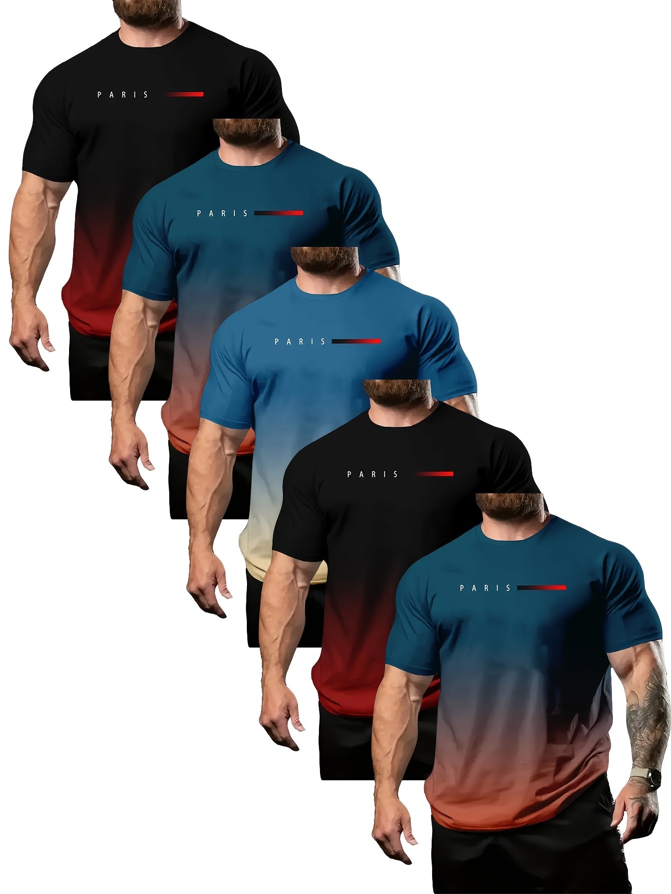 5-Pack Colorful Gradient Short Sleeve Crew Neck T-Shirts for Men Summer Casual Tops