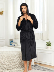 Men's Green Plush Fleece Hooded Bathrobe with Pockets and Tie Belt for Fall Winter