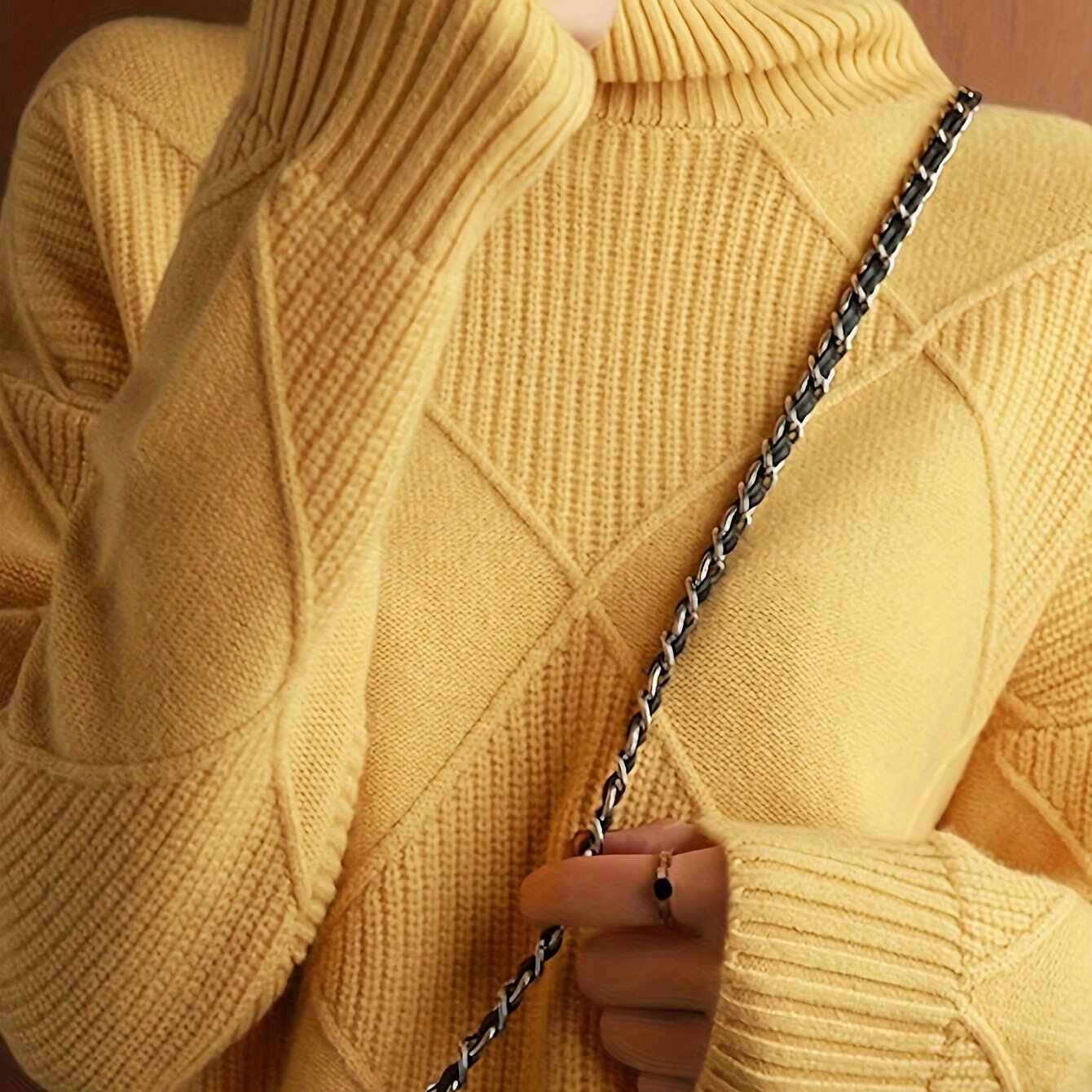 Women's Yellow High-Neck Knit Pullover Sweater Casual Fall Winter Dress