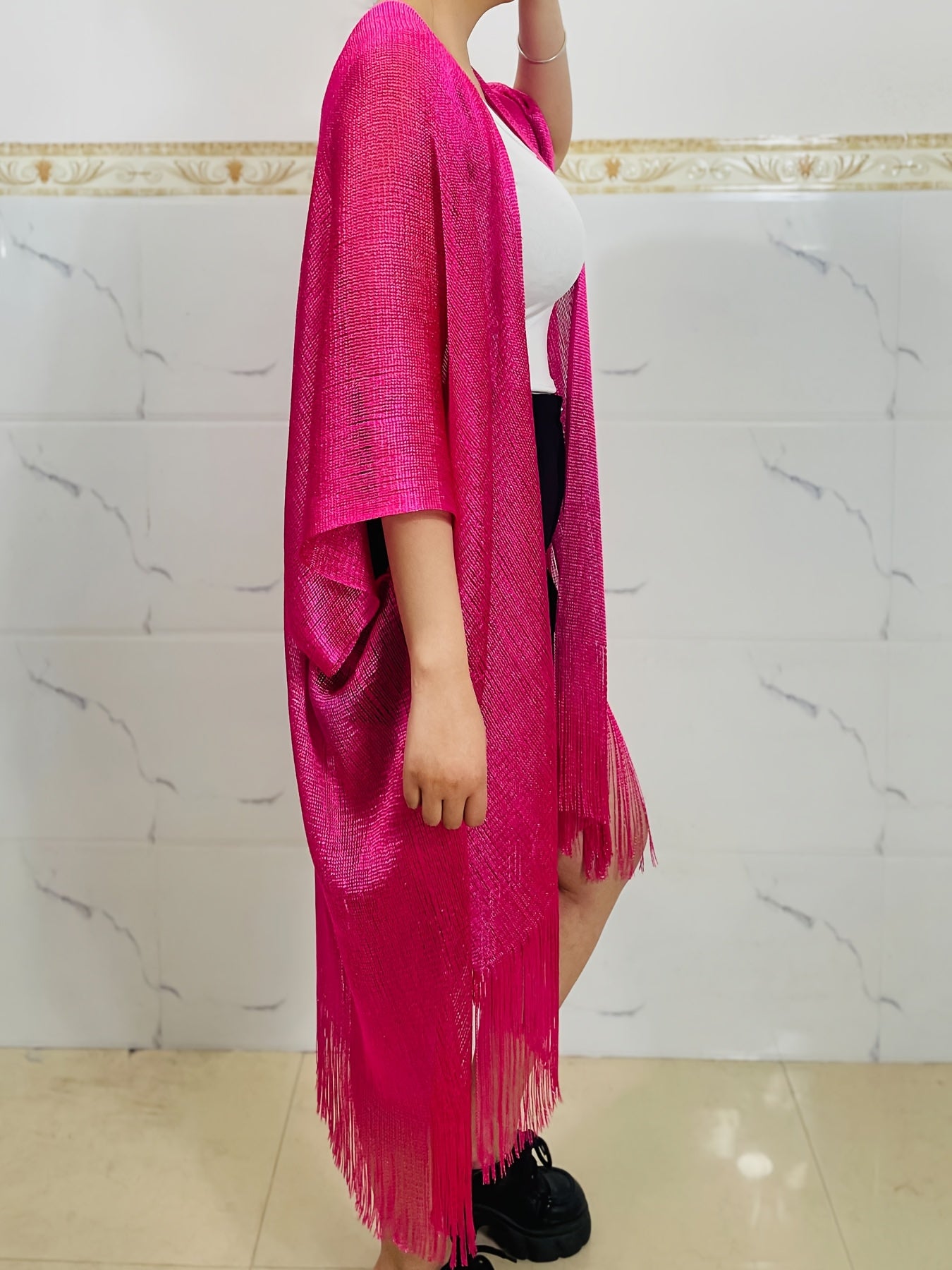 Chal de mujer de talla grande con flecos rosa, ligero, para verano y playa