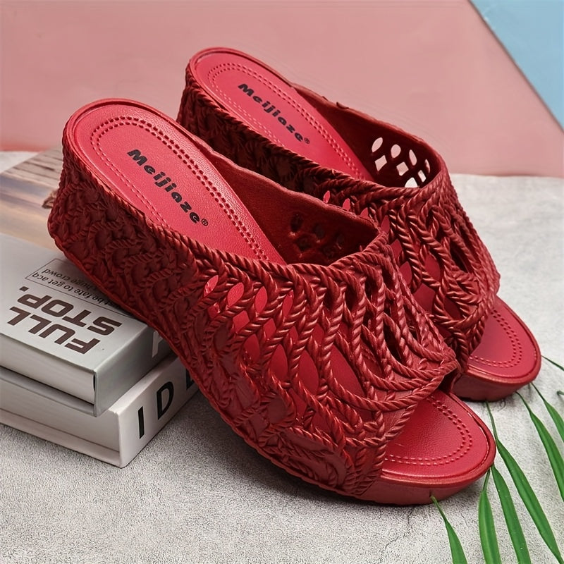 Ayollar uchun yuqori-poshnali tikanli sandallar ochiq-oyoq slip-on taqish uchun qattiq yopilmagan yozgi qora PVC