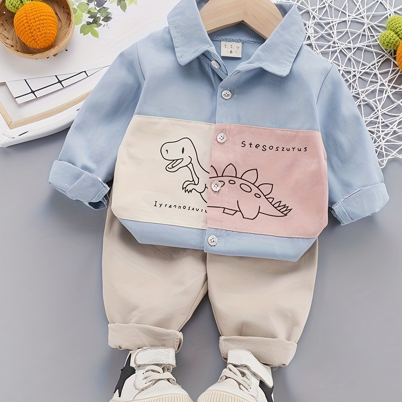 Baby Boy Casual Dinosaur Shirt and Pants Set Long Sleeve Spring Fall Cotton