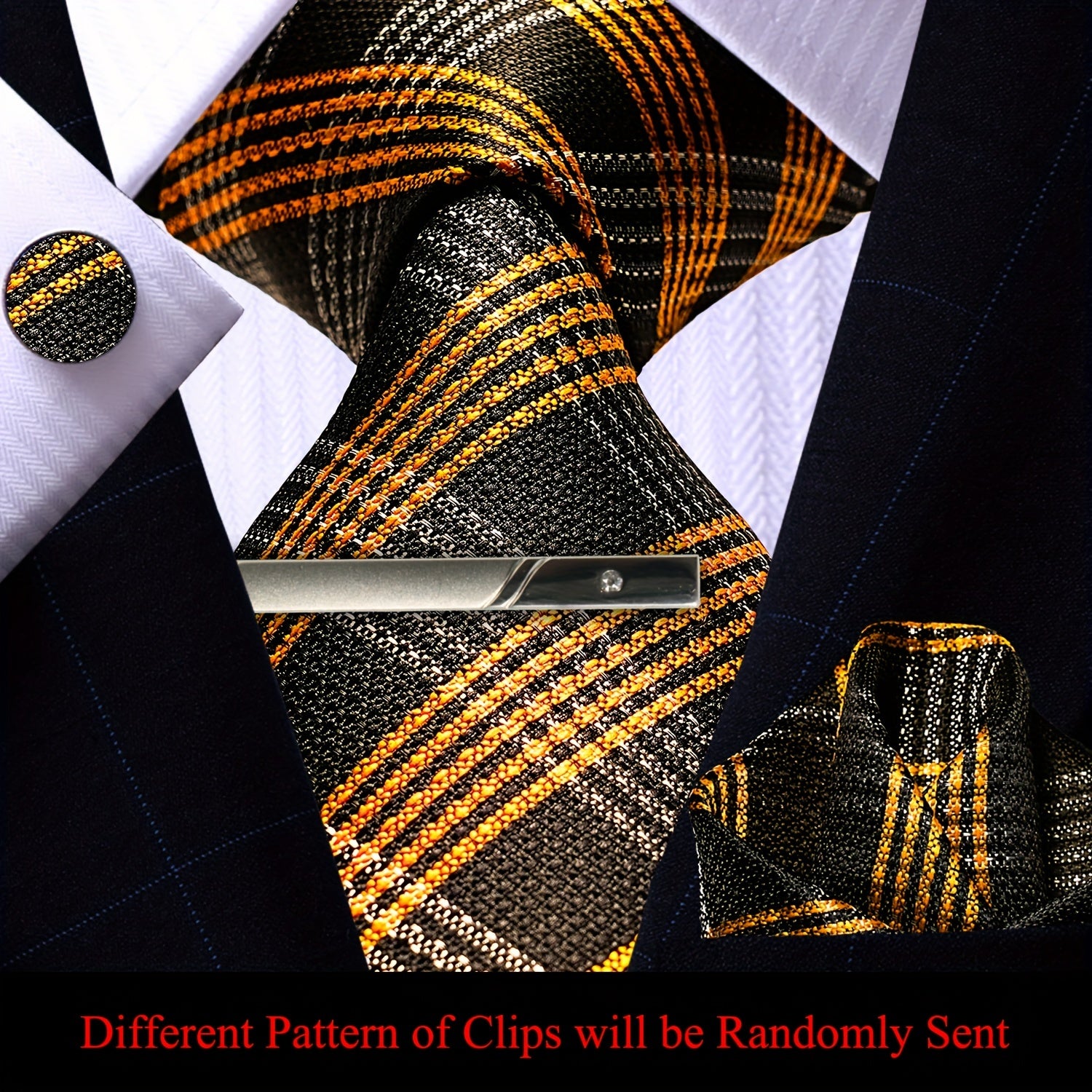 Men's Plaid Tie Pocket Square Cufflinks and Clip Set