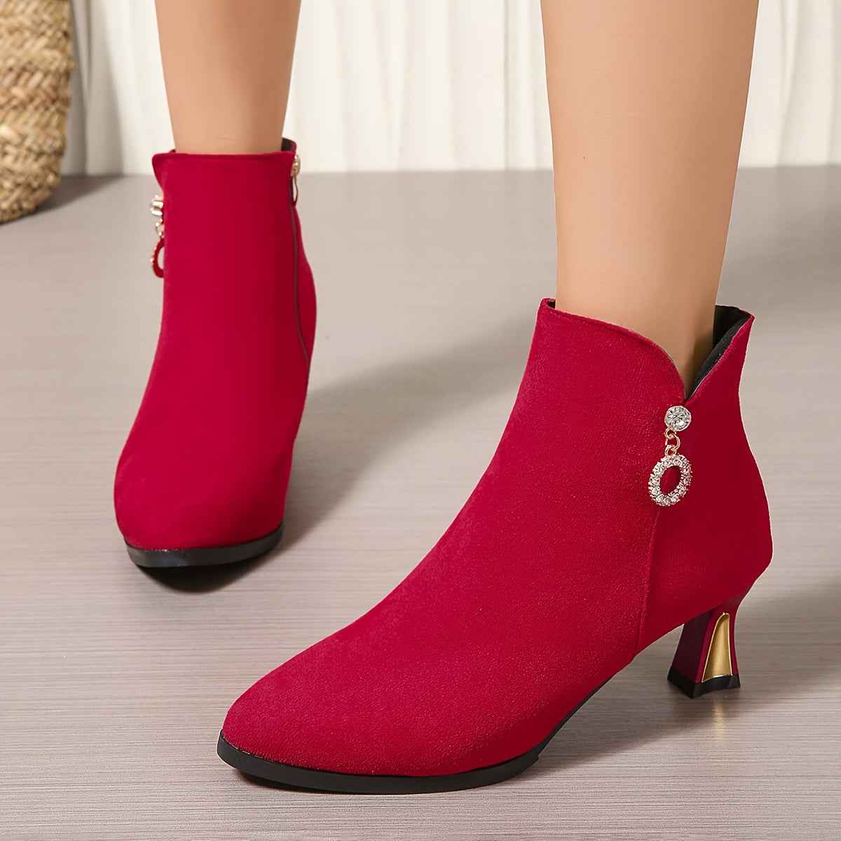 Women's Rhinestone Decor Block Heeled Boots Pointed Toe Side Zipper Short Boots