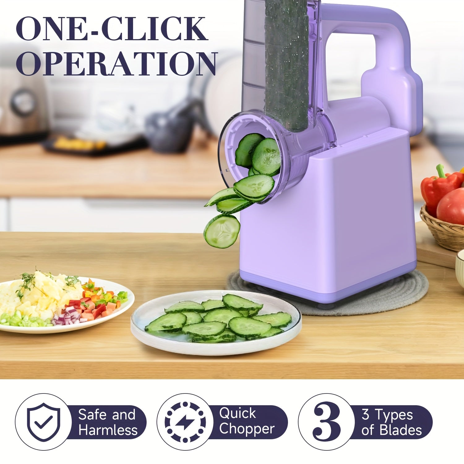 Vegetable Chopper with 3 Blades USB Rechargeable for Kitchen Camping Home