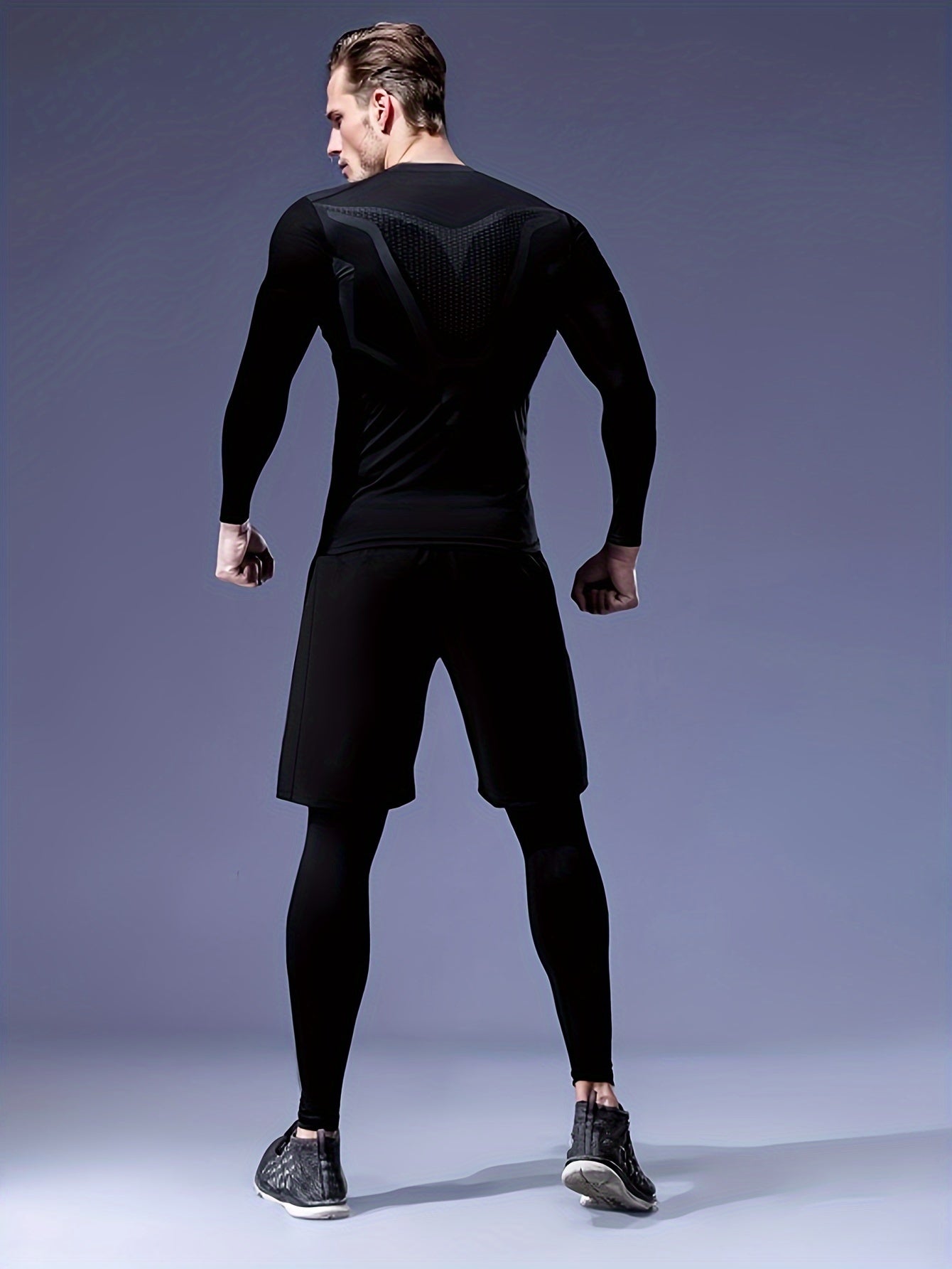 Men's Athletic Set Hooded Zip-Up Jacket Printed Sports Vest Compression Long Sleeve Top Shorts Leggings High Stretch Knit