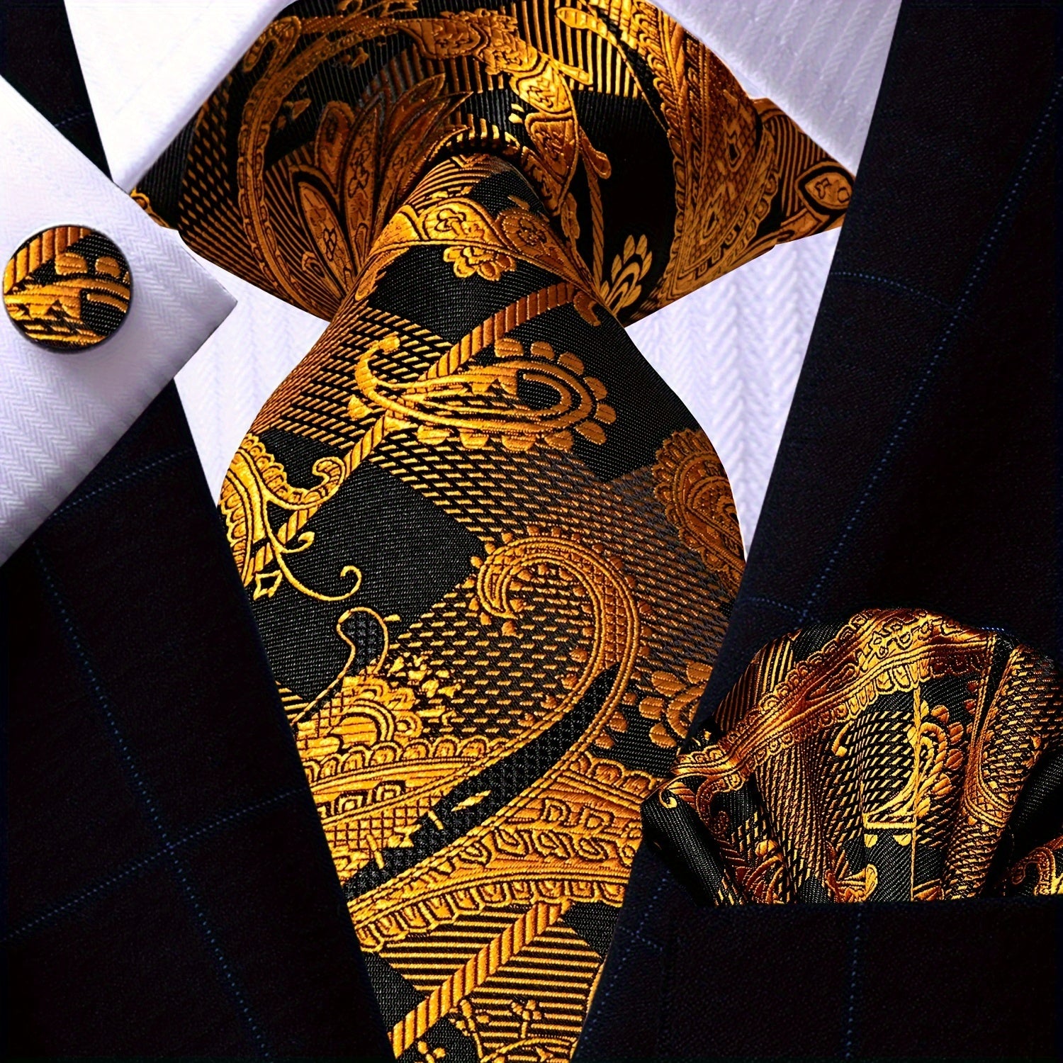 Men's Gold Accessories Set Tie Pocket Square Cufflinks for Weddings Business