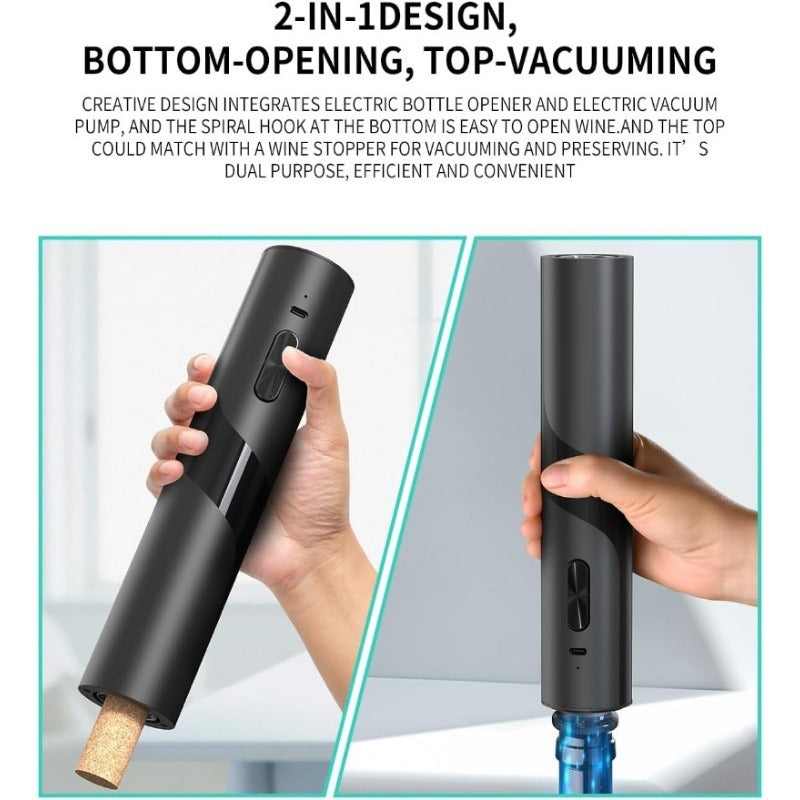 Electric wine opener set with rechargeable corkscrew, charging base, foil cutter, pourer, and stopper for parties and events