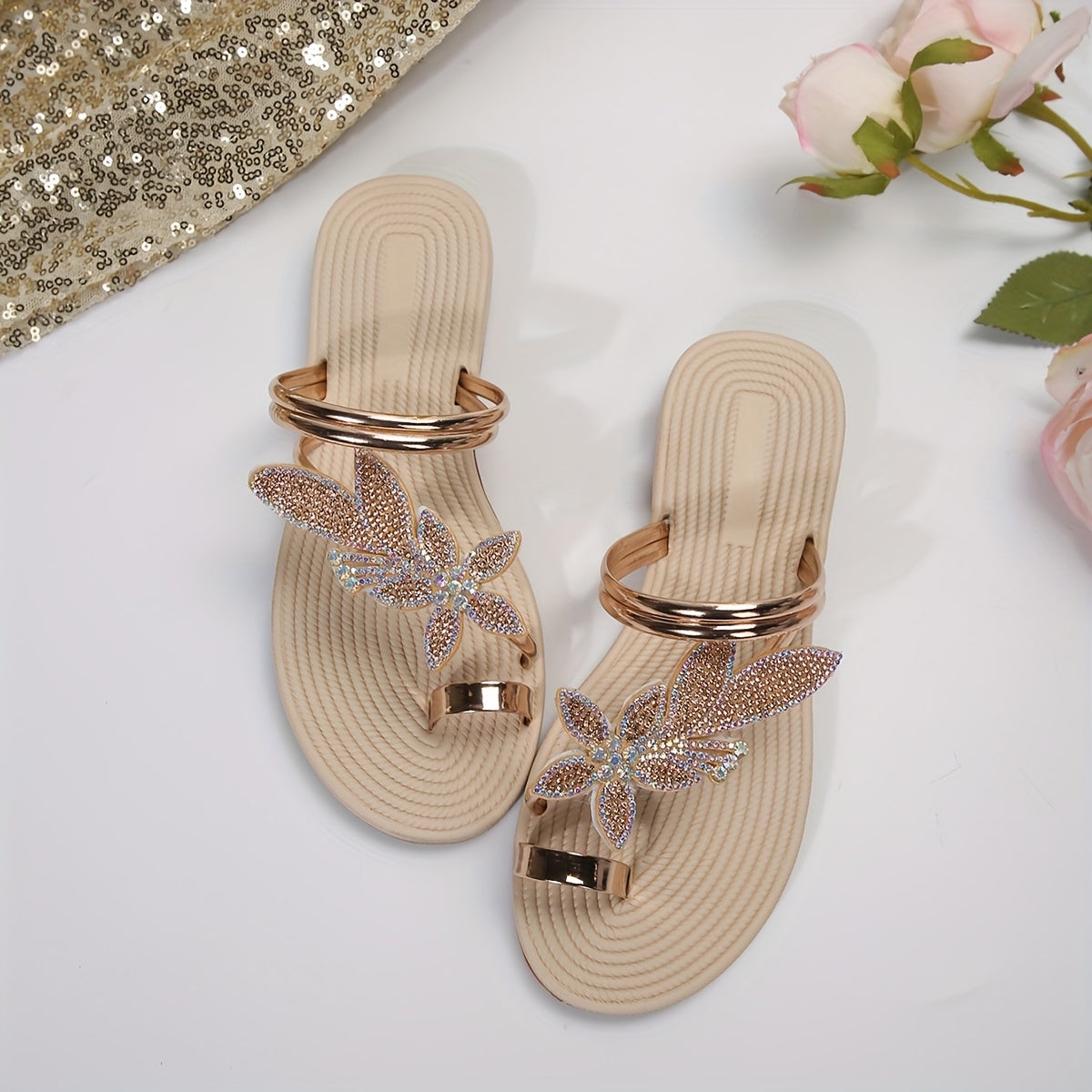 Women's Rose Golden Slip-On Open-Toe Sandals with Sparkling Leaf Jewelry