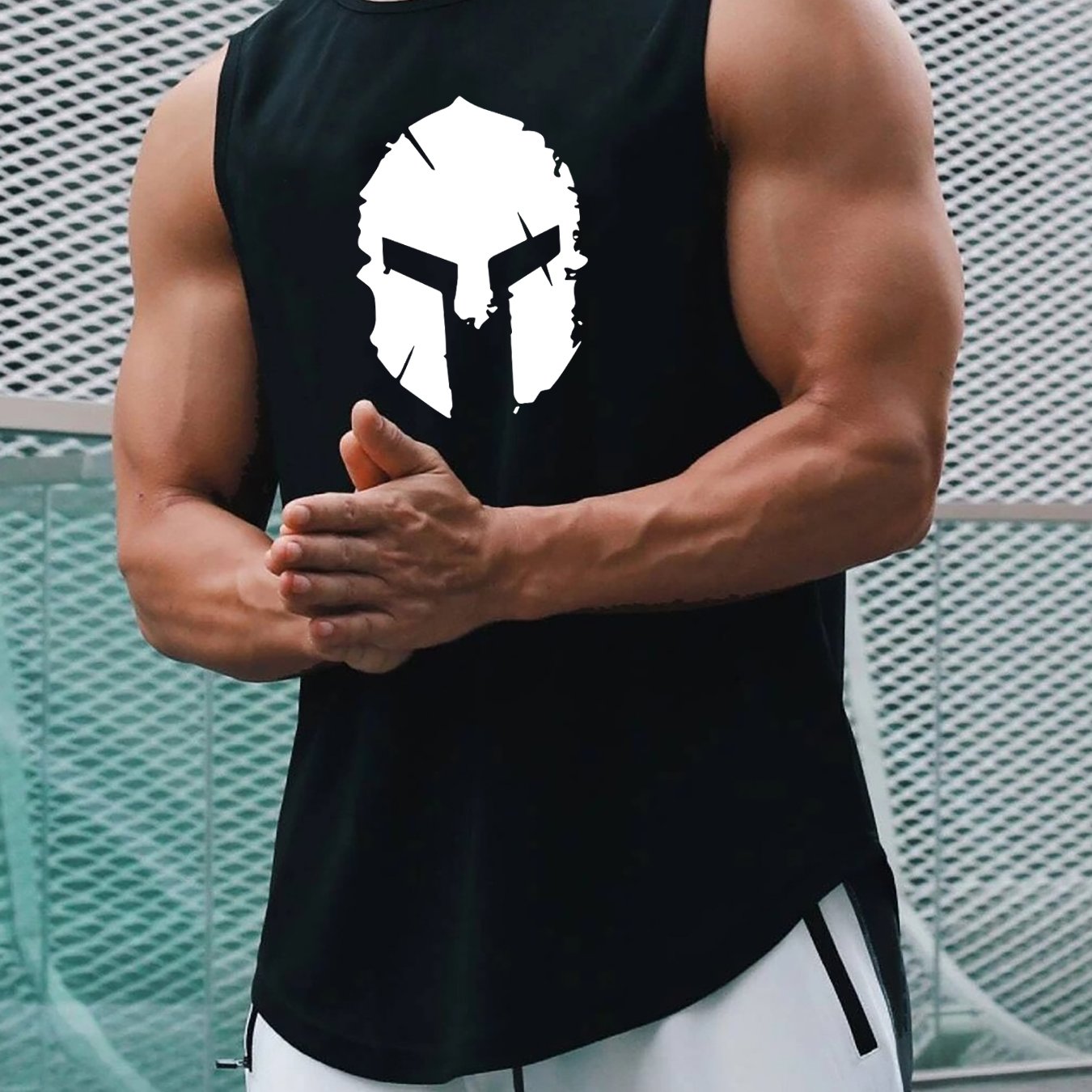 Men's Summer Polyester Tank Top with Helmet Print and Crew Neck for Outdoor Workouts