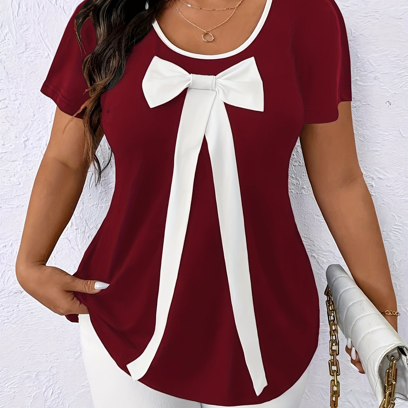 Топ женский большого размера с контрастным бантом Navy Blue White, короткий рукав, повседневная летняя блузка