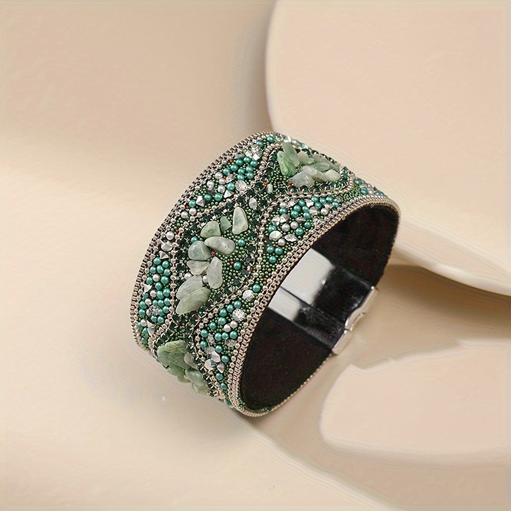 Women's Handmade Natural Stone Bead Faux Leather Bracelet with Magnetic Clasp