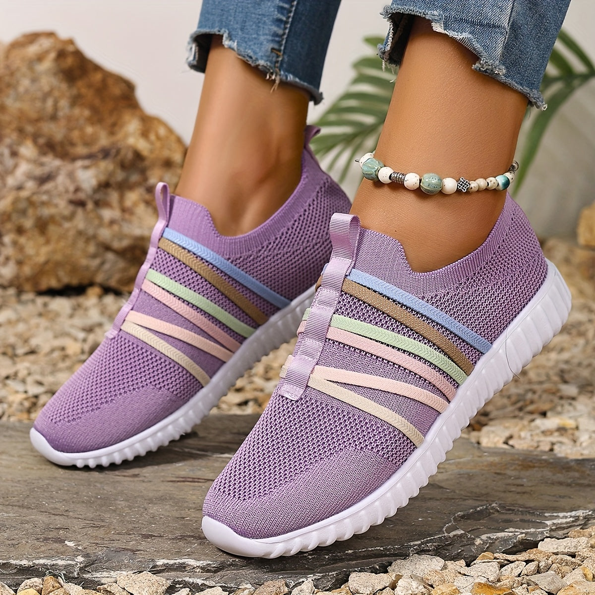 Women's Slip-On Casual Sneakers Breathable Fabric Pastel Stripes