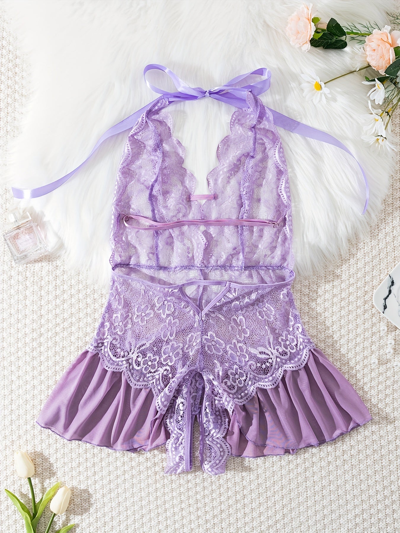 Women's Purple Lace Teddy Ruffled Backless Halter Bodysuit Lingerie