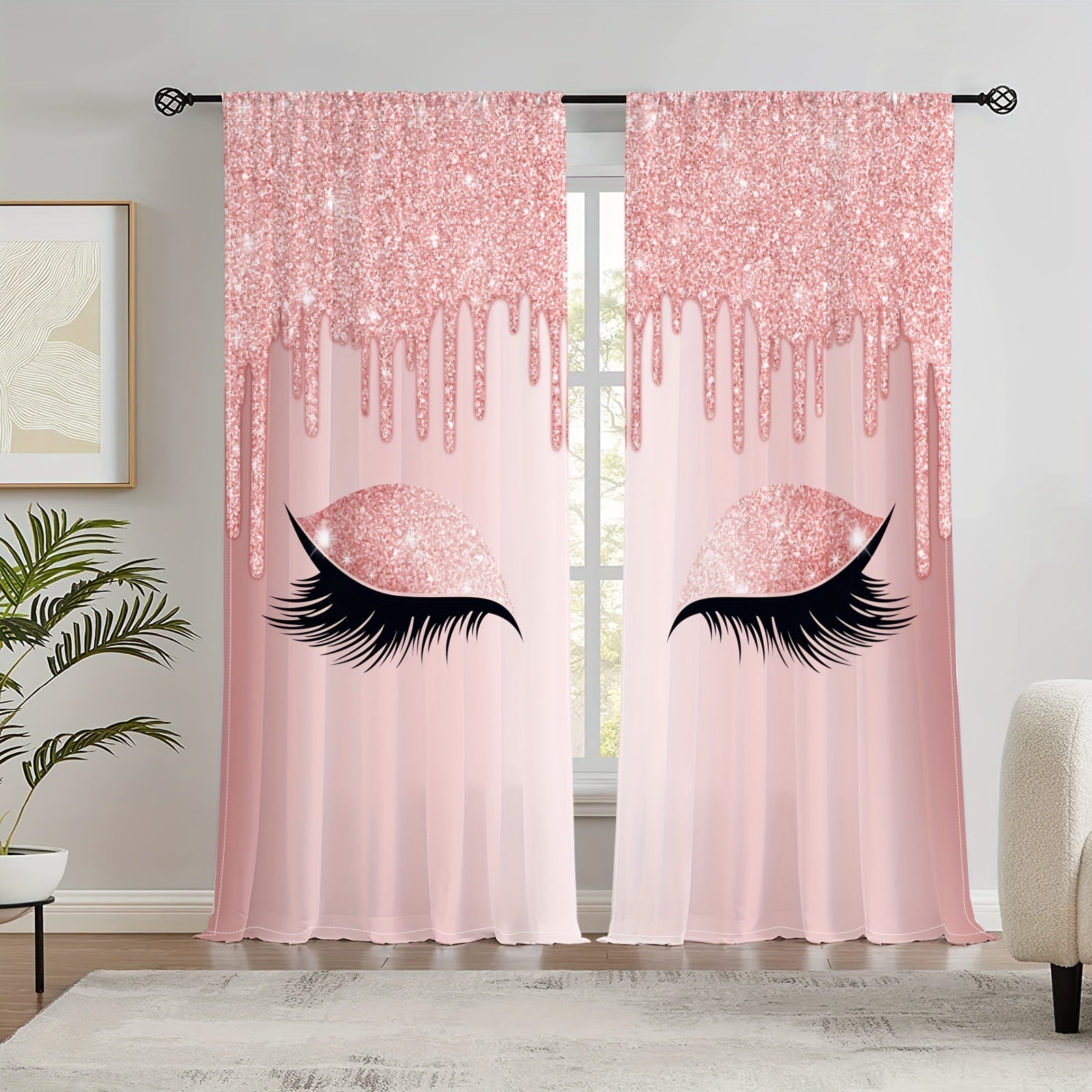 Set of Two Eyelash Printed Curtains, Rod Pocket Window Treatments for Bedroom and Living Room