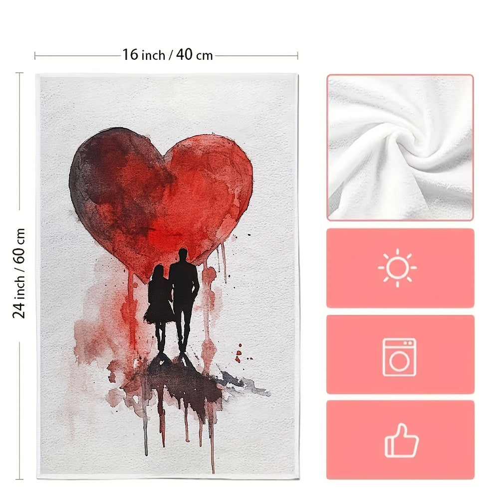 Набор из 2 мягких кухонных полотенец с акварельным дизайном сердца 40x60 см, впитывающие