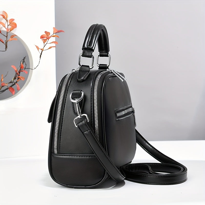 Women's Black PU Casual Shoulder Bag with Zipper Closure and Polyester Lining