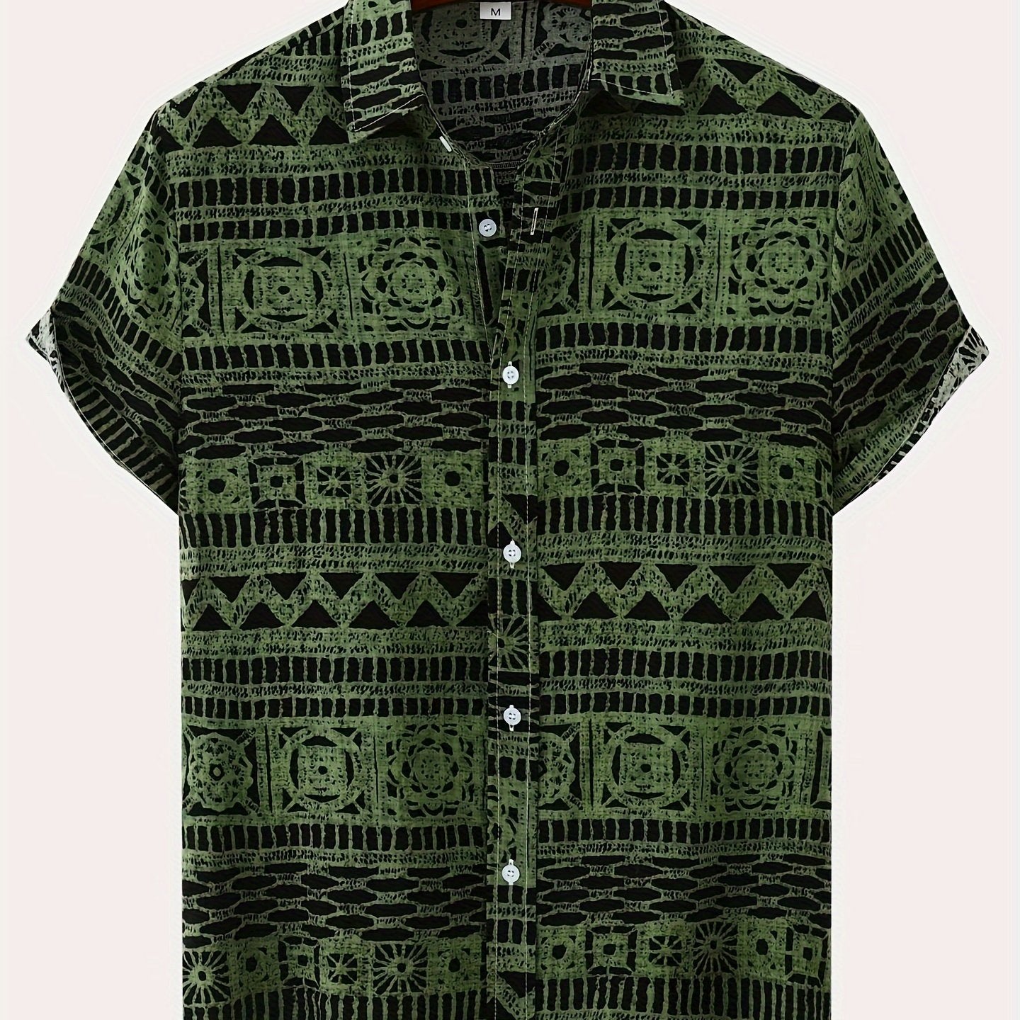 Men's Cotton Blend Short Sleeve Button-Up Shirt with Geometric Print for Summer