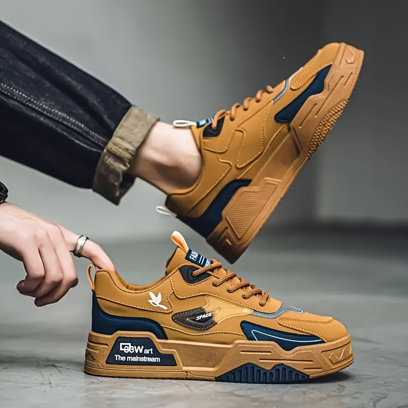 Men's Casual Sneakers with Thick Soles, Lace-Up, All-Season, Low Top, PU Upper