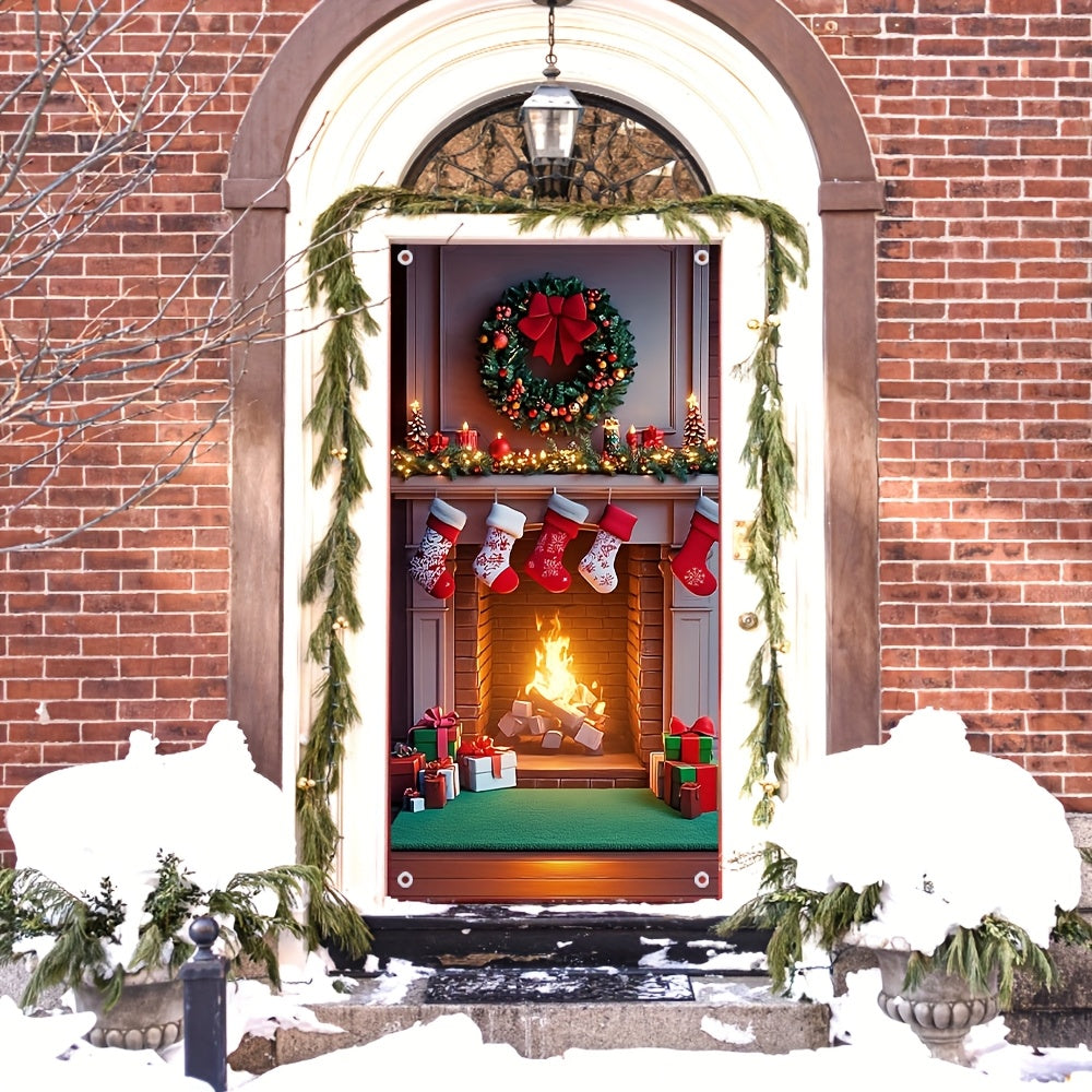 Multi-Functional Christmas Fireplace Door Cover Polyester Festive Decor