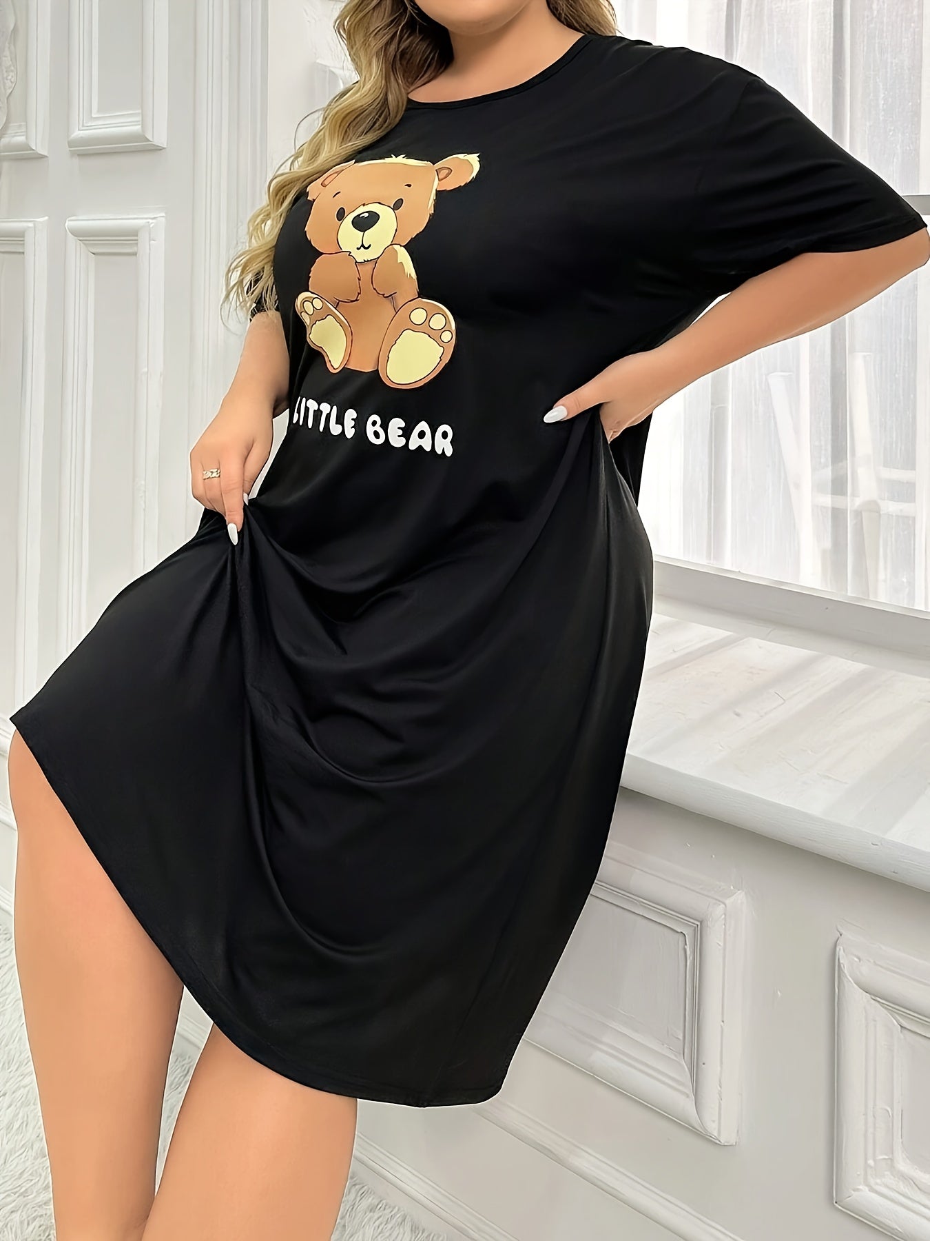 Женское ночное платье больших размеров с коротким рукавом, мультяшный медведь, ночная одежда