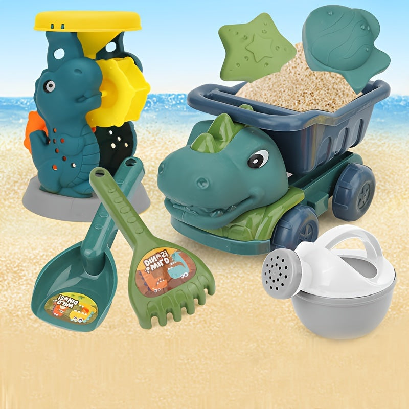 Kids Dinosaur Beach Toy Set with Dump Truck Watering Can Shovel Rake Sand Molds 7 Pieces
