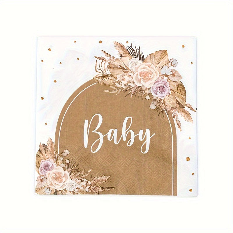 Boho Baby Shower Tableware Kit for 8 Floral Paper Plates Napkins Cups