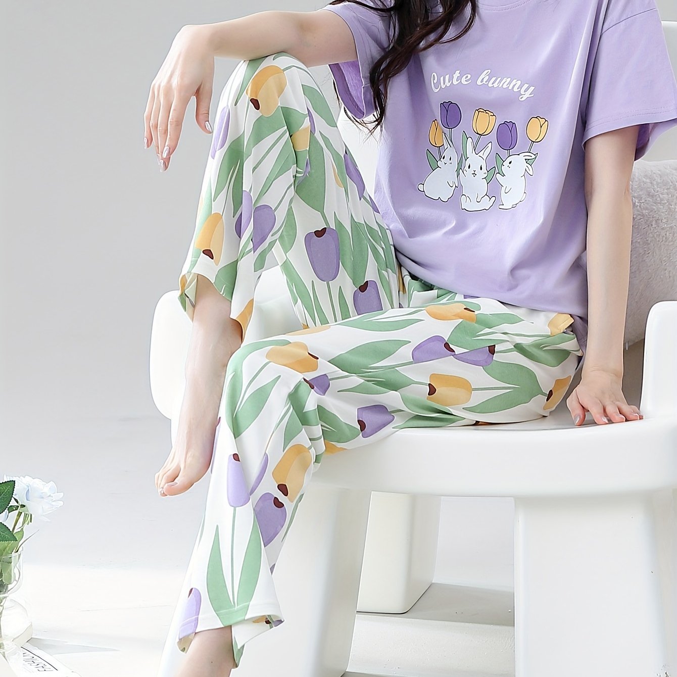Women's Cotton Pajama Set Spring Fall Short Sleeve Long Pants Casual Floral Rabbit Design