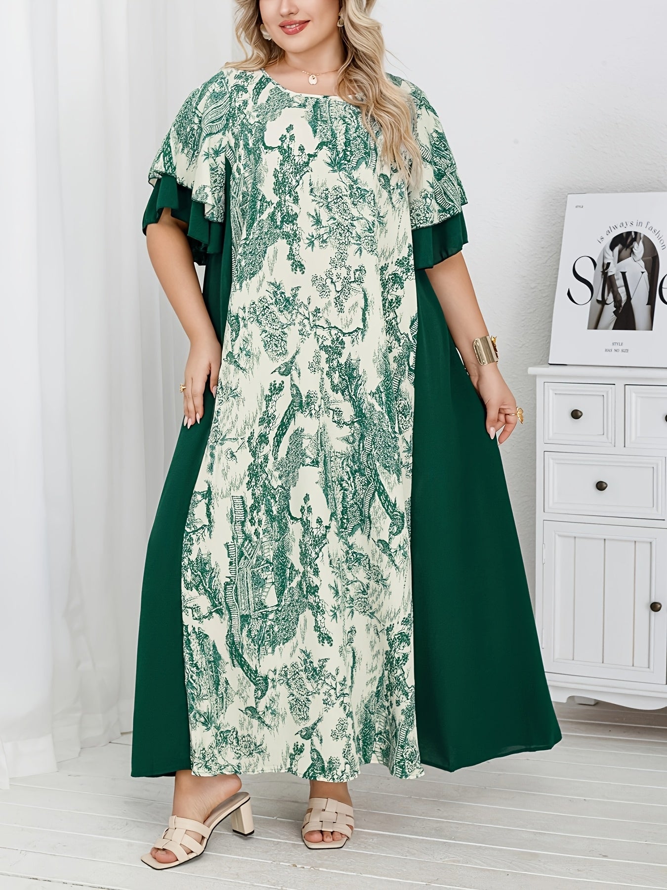 Plus Size Middle Eastern Style Loose Dress With Contrasting Patchwork Print
