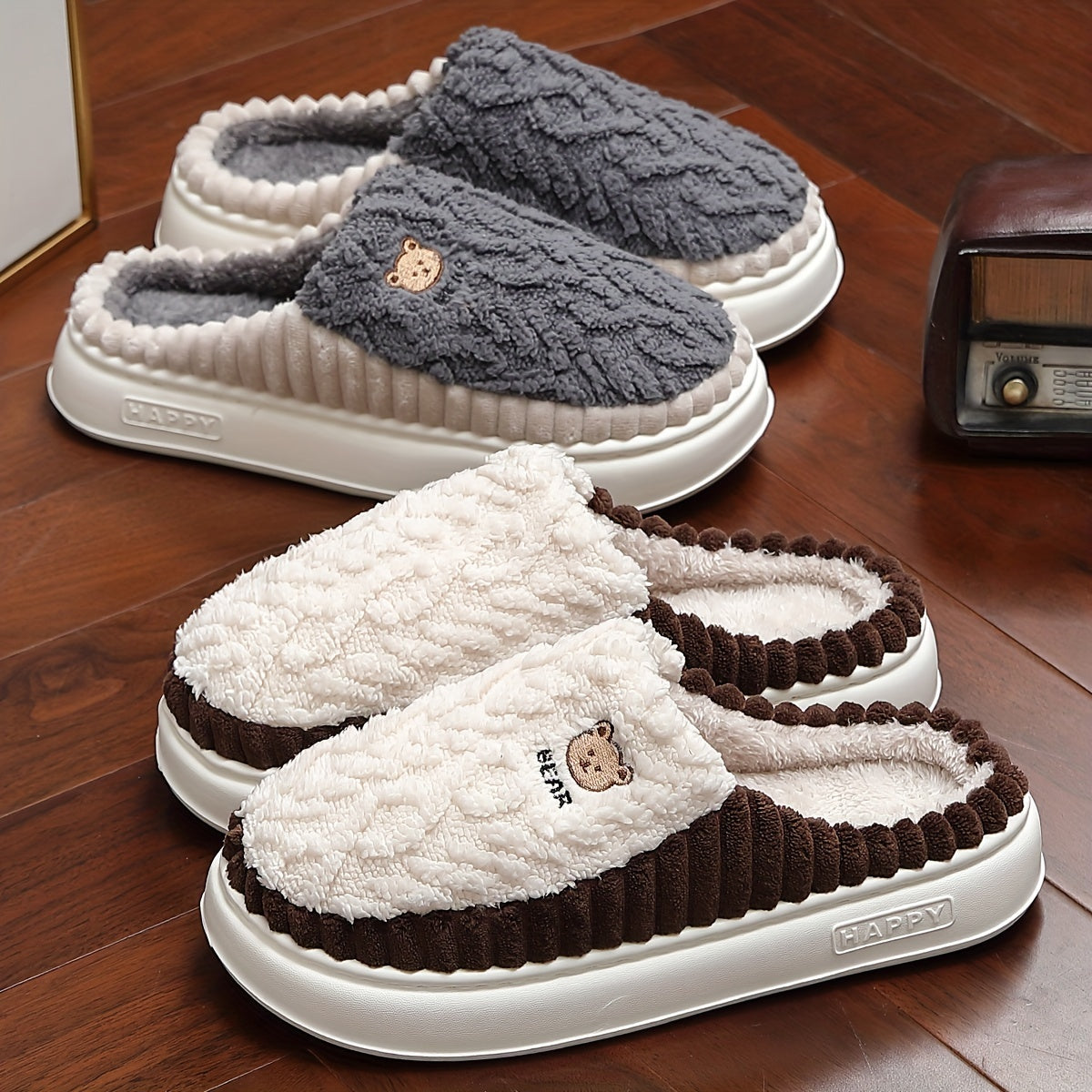 Unisex Plush Slippers Warm Indoor Winter Shoes Thick Sole Soft Lining