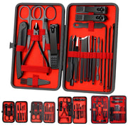 Sayqallik va qizil zanglamaydigan po'latdan tayyorlangan tirnoq parvarishi to'plami, sayohat uchun charm qoplama bilan pedikюр va manikюр uchun