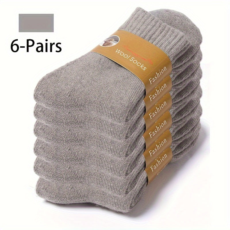 Men's Wool Crew Socks 6 Pairs Autumn Winter Soft Warm Breathable Solid