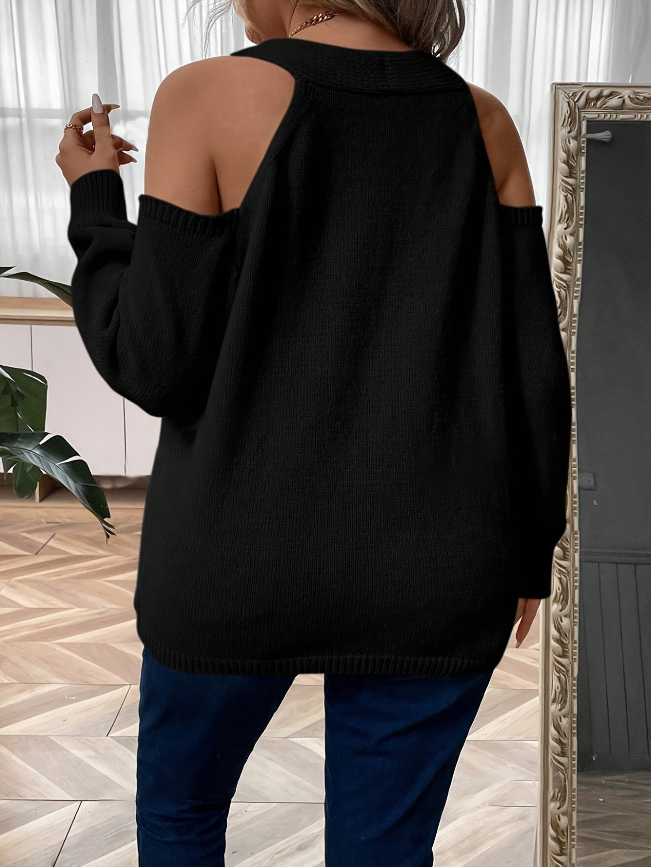 Plus Size Women's V-Neck Cardigan Faux Button Long Sleeve Knit Sweater