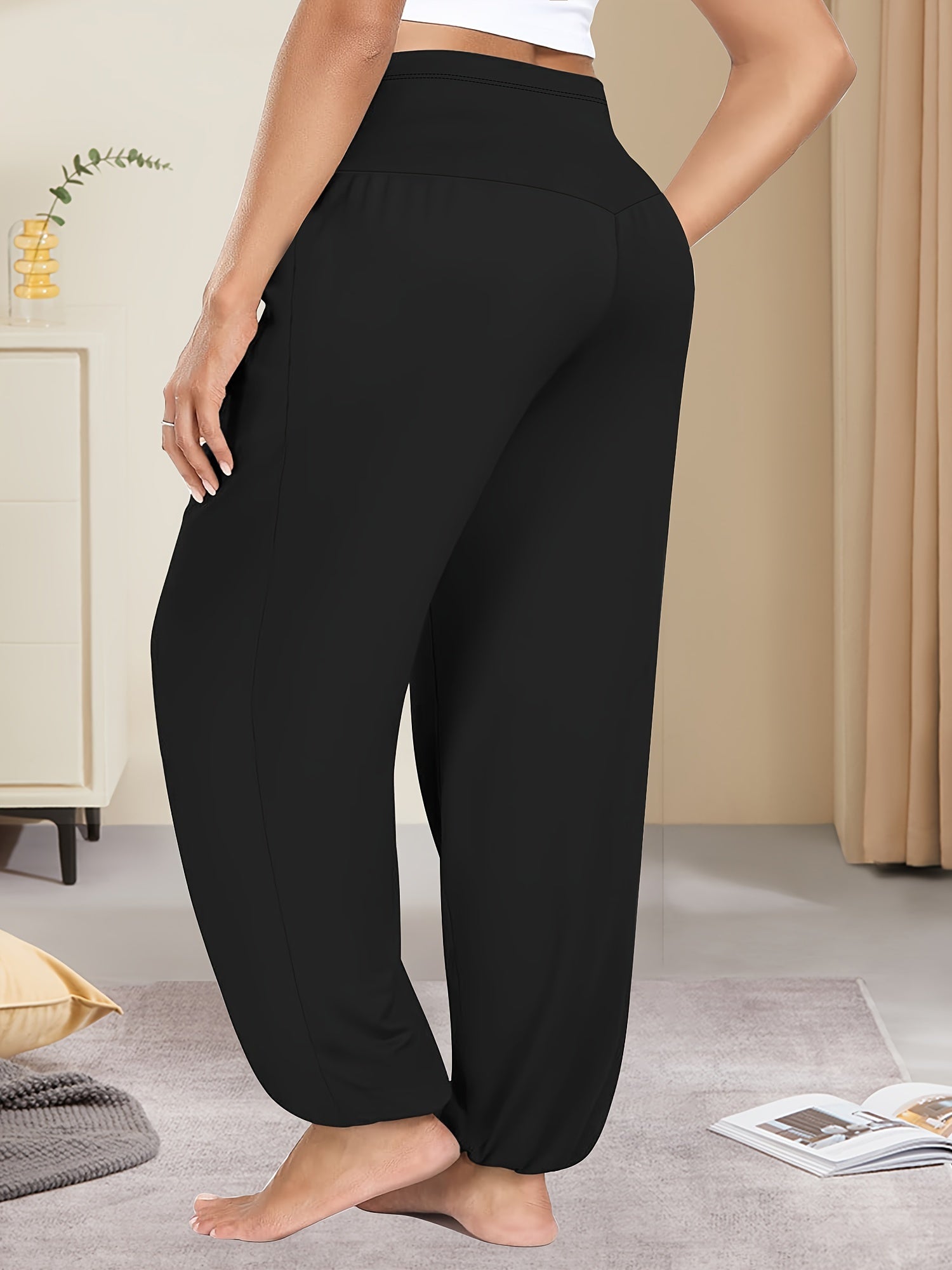 Штаны-лаборатории с высокой талией для женщин plus size из темно-синего эластичного полиэстера с широкими штанинами