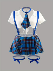 Women'S Preppy Plaid Costume Set with Bralette Skirt Top Underwear